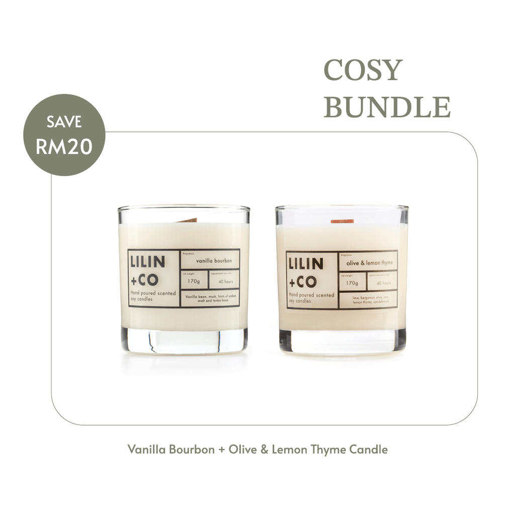 Cosy Bundle. Vanilla Bourbon and Olive & Lemon Thyme 170g wood wick candle