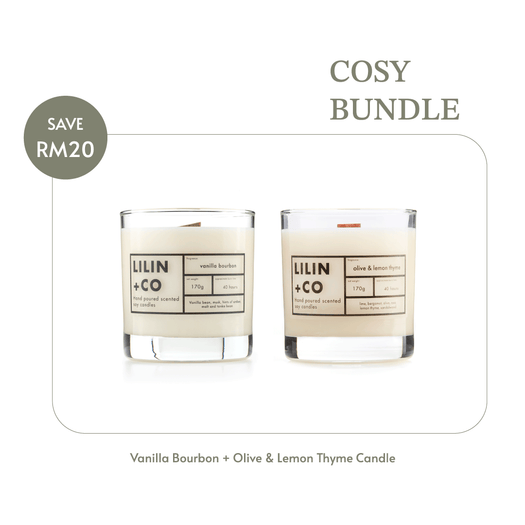 Cosy Bundle. Vanilla Bourbon and Olive & Lemon Thyme 170g wood wick candle