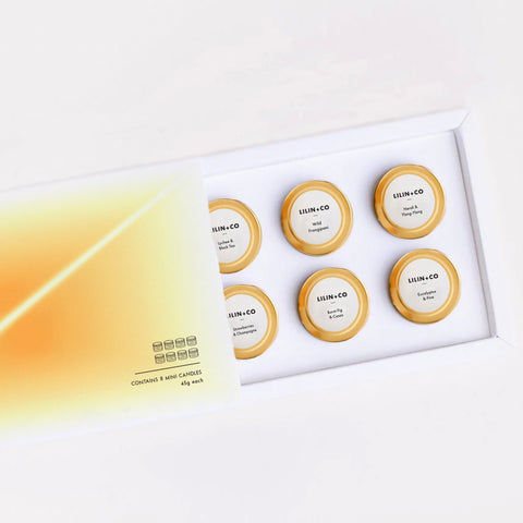 Lilin+Co Discovery Candle Set with 8pcs of 45g candles in gold tin cans