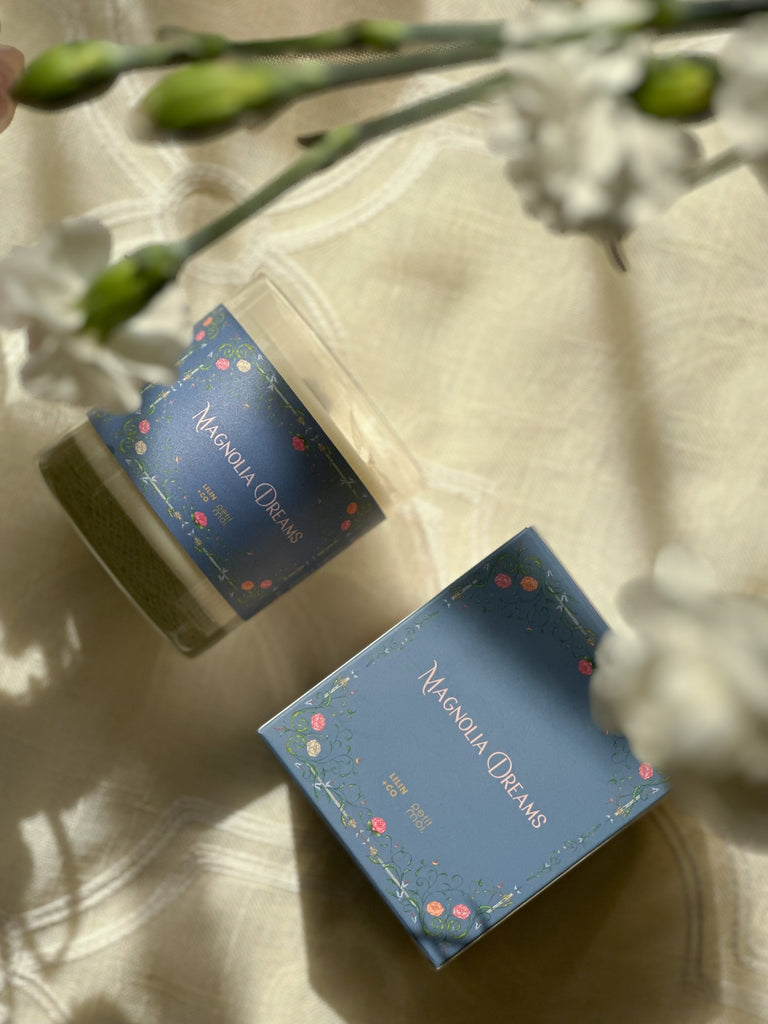 Petit Moi x Lilin+Co Magnolia Dreams Candle with box packaging